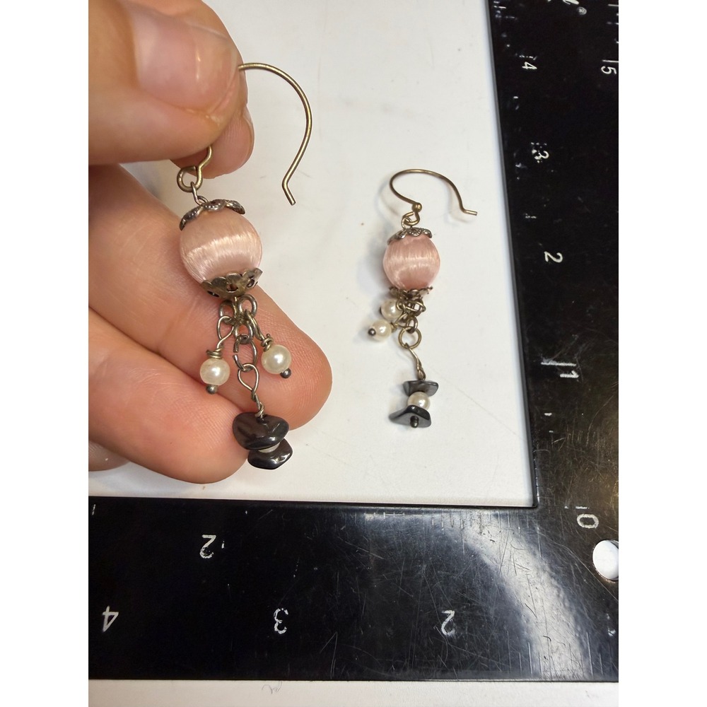Pink Satin Bead Faux Pearl Hematite Chip Dangle Drop Earrings Silver Tone